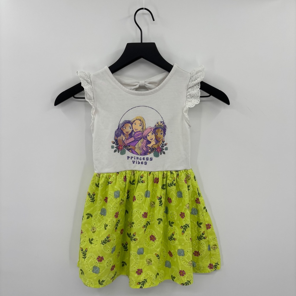 Disney Princess Girls Dress Size 4/5 White Green Eyelet Floral Rapunzel Vacation